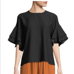 Tahari ASL Ruffle-Sleeve Crewneck Blouse Black NWT